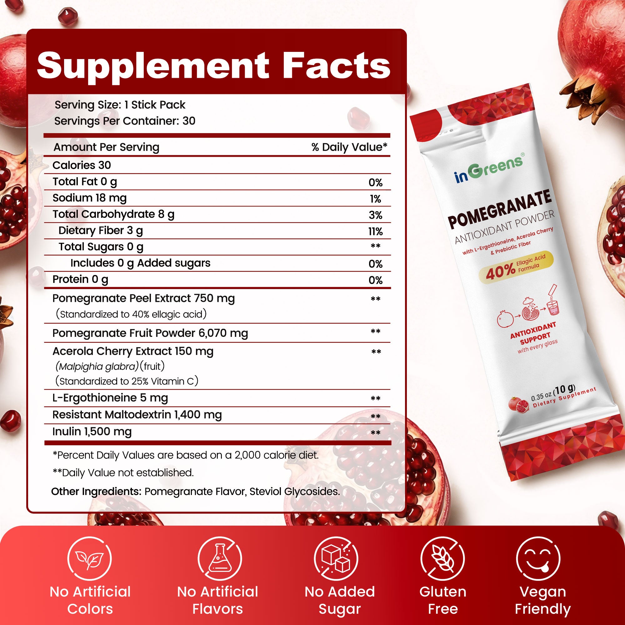 inGreens Pomegranate Powder - Sugar Free Antioxidant Drink Mix | with 40% Ellagic Acid, L-Ergothioneine, Vitamin C & Prebiotic Fiber - 30 Stick Packs