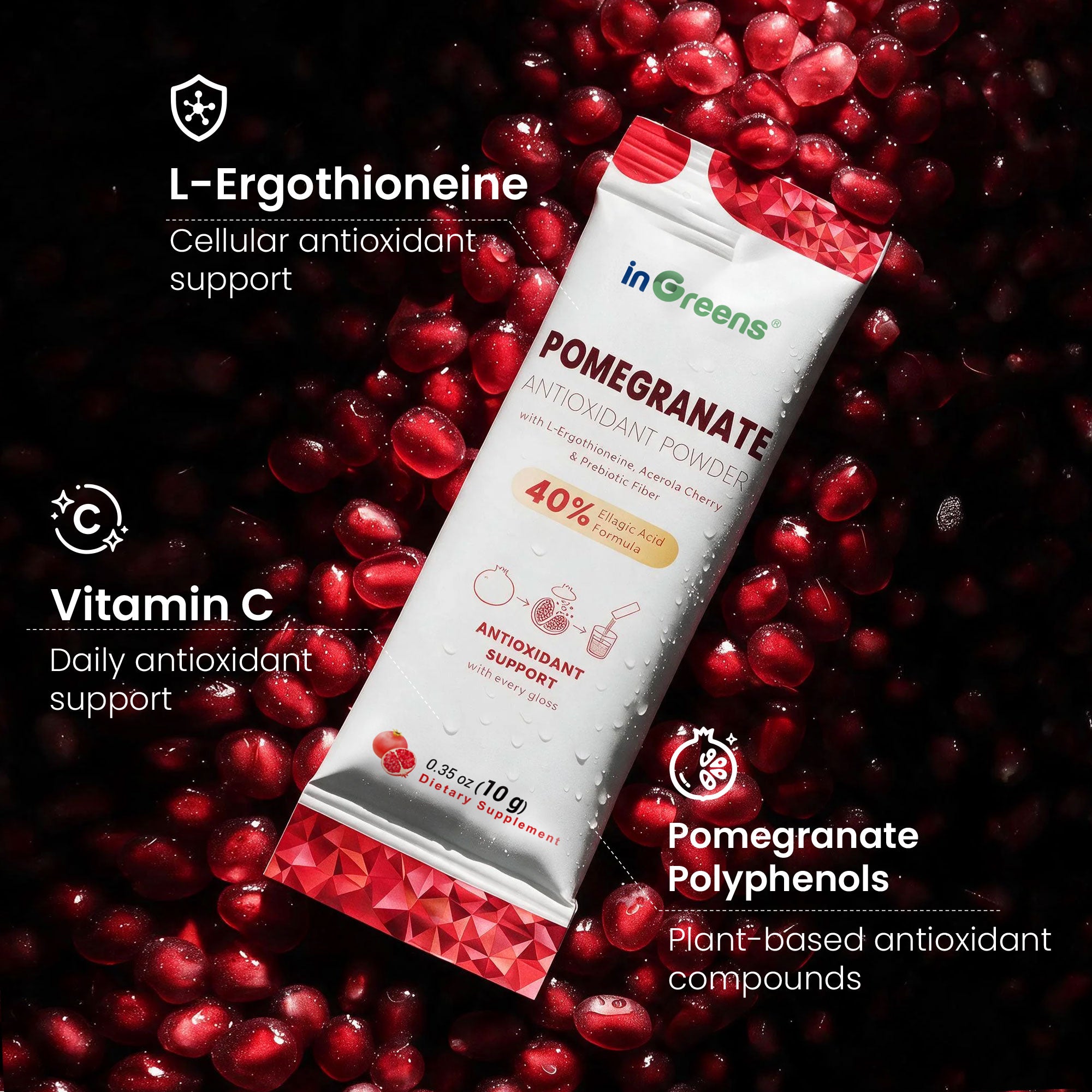 inGreens Pomegranate Powder - Sugar Free Antioxidant Drink Mix | with 40% Ellagic Acid, L-Ergothioneine, Vitamin C & Prebiotic Fiber - 30 Stick Packs