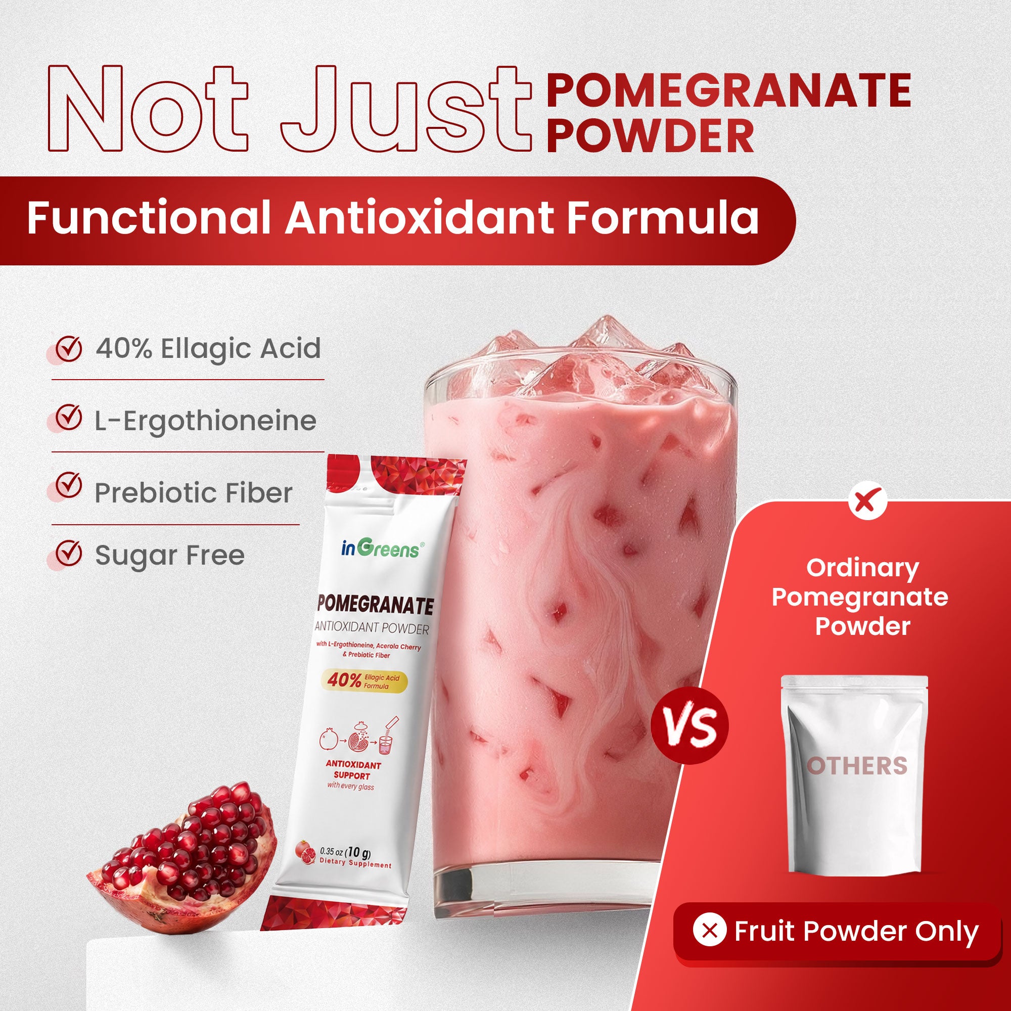 inGreens Pomegranate Powder - Sugar Free Antioxidant Drink Mix | with 40% Ellagic Acid, L-Ergothioneine, Vitamin C & Prebiotic Fiber - 30 Stick Packs
