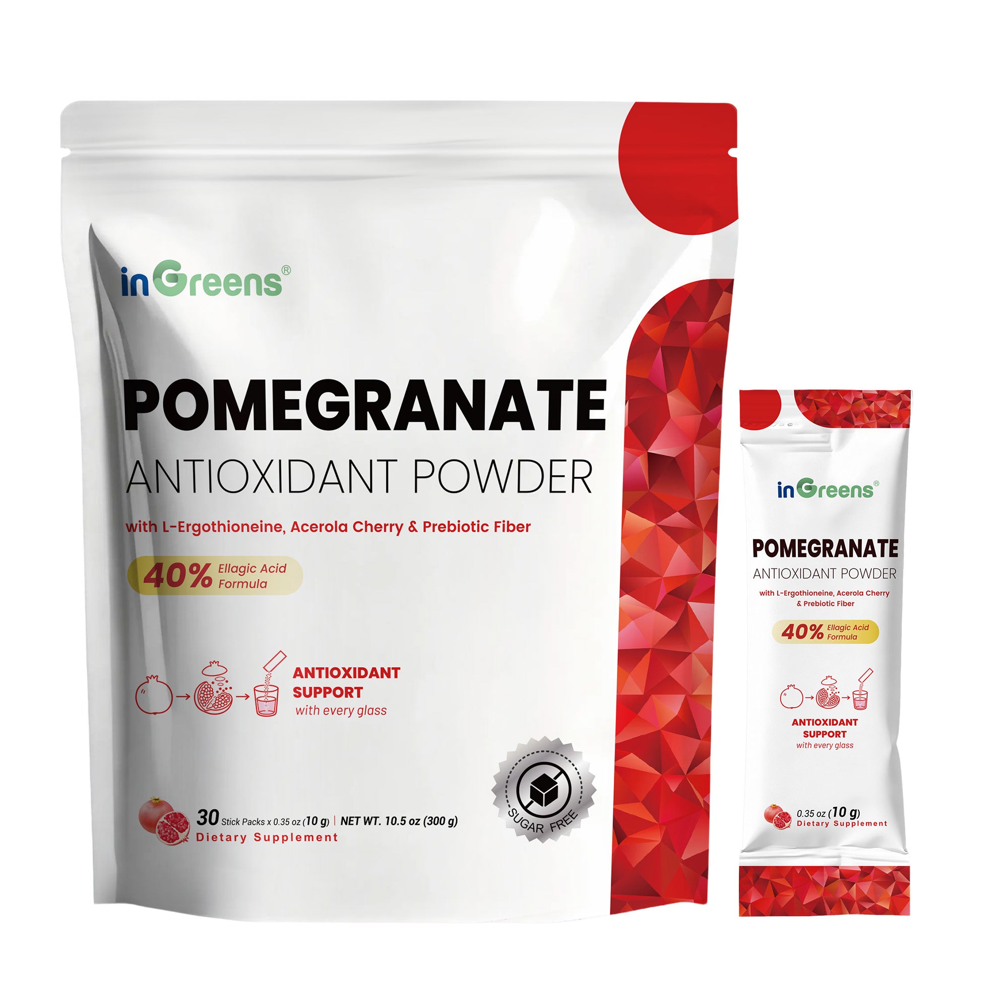 inGreens Pomegranate Powder - Sugar Free Antioxidant Drink Mix | with 40% Ellagic Acid, L-Ergothioneine, Vitamin C & Prebiotic Fiber - 30 Stick Packs
