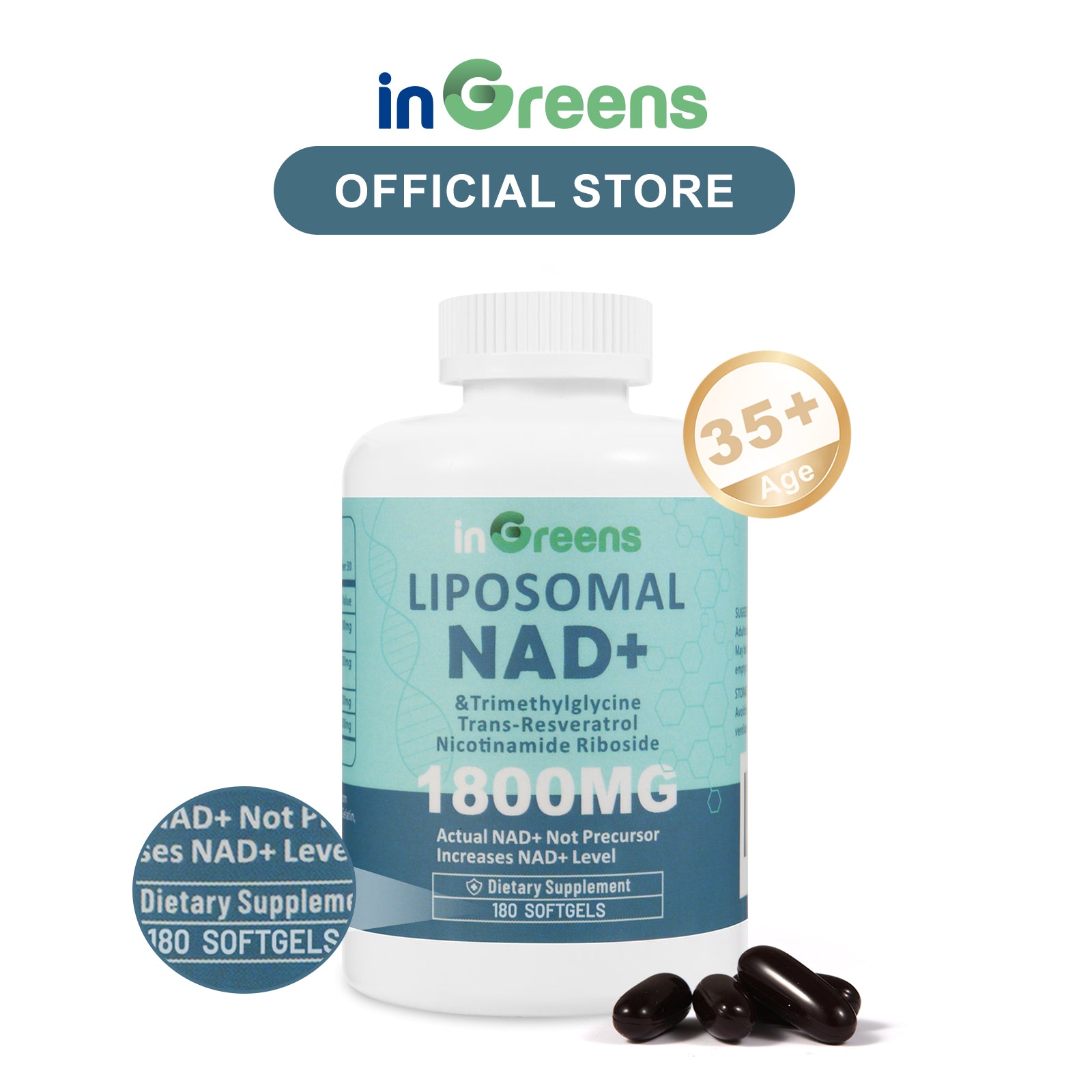 inGreens Liposomal NAD+ 1800mg | 180 Softgels | NR 200mg, Trans-Resveratrol 200mg & TMG 200mg | Cellular Energy, DNA Repair & Anti-Aging