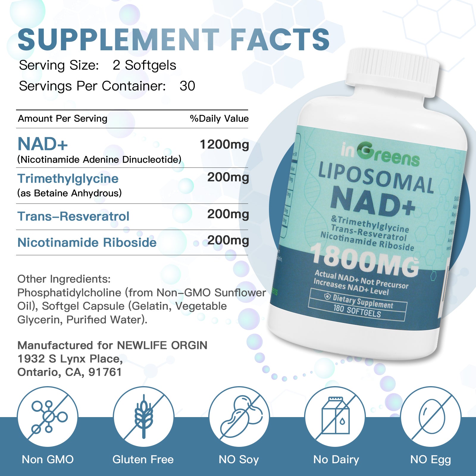 inGreens Liposomal NAD+ 1800mg | 180 Softgels | NR 200mg, Trans-Resveratrol 200mg & TMG 200mg | Cellular Energy, DNA Repair & Anti-Aging