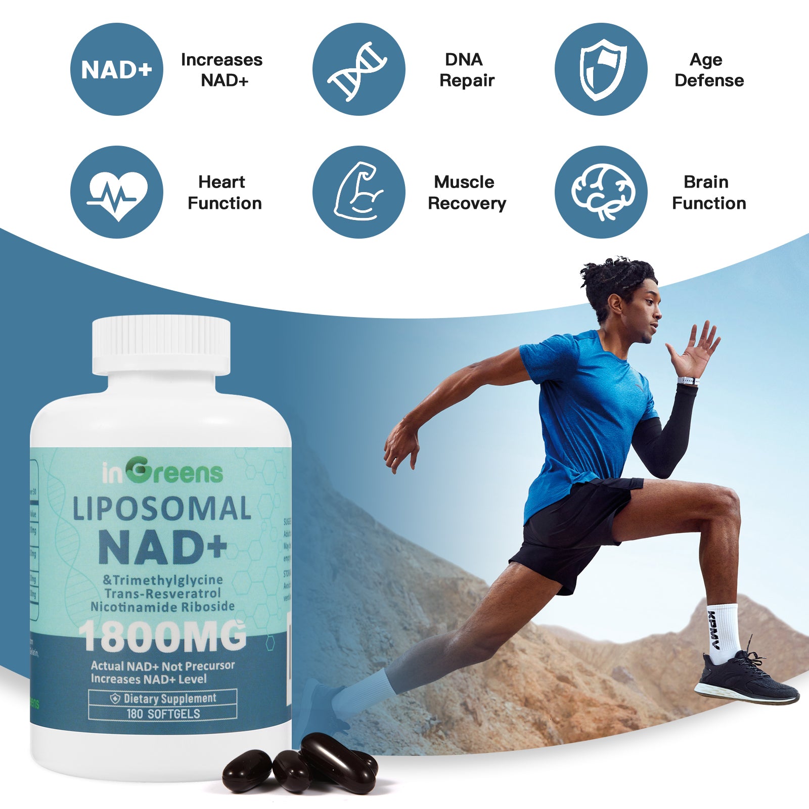 inGreens Liposomal NAD+ 1800mg | 180 Softgels | NR 200mg, Trans-Resveratrol 200mg & TMG 200mg | Cellular Energy, DNA Repair & Anti-Aging