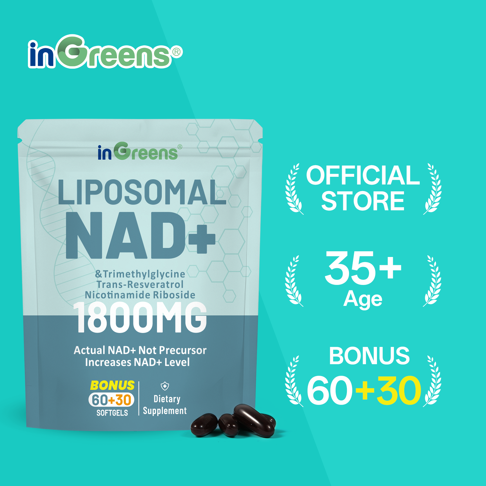 inGreens Liposomal NAD+ 1800mg | NR 200mg, Trans-Resveratrol 200mg & TMG 200mg | 90 Capsules Pouch (45-Day Supply) | Cellular Energy, DNA Repair & Anti-Aging