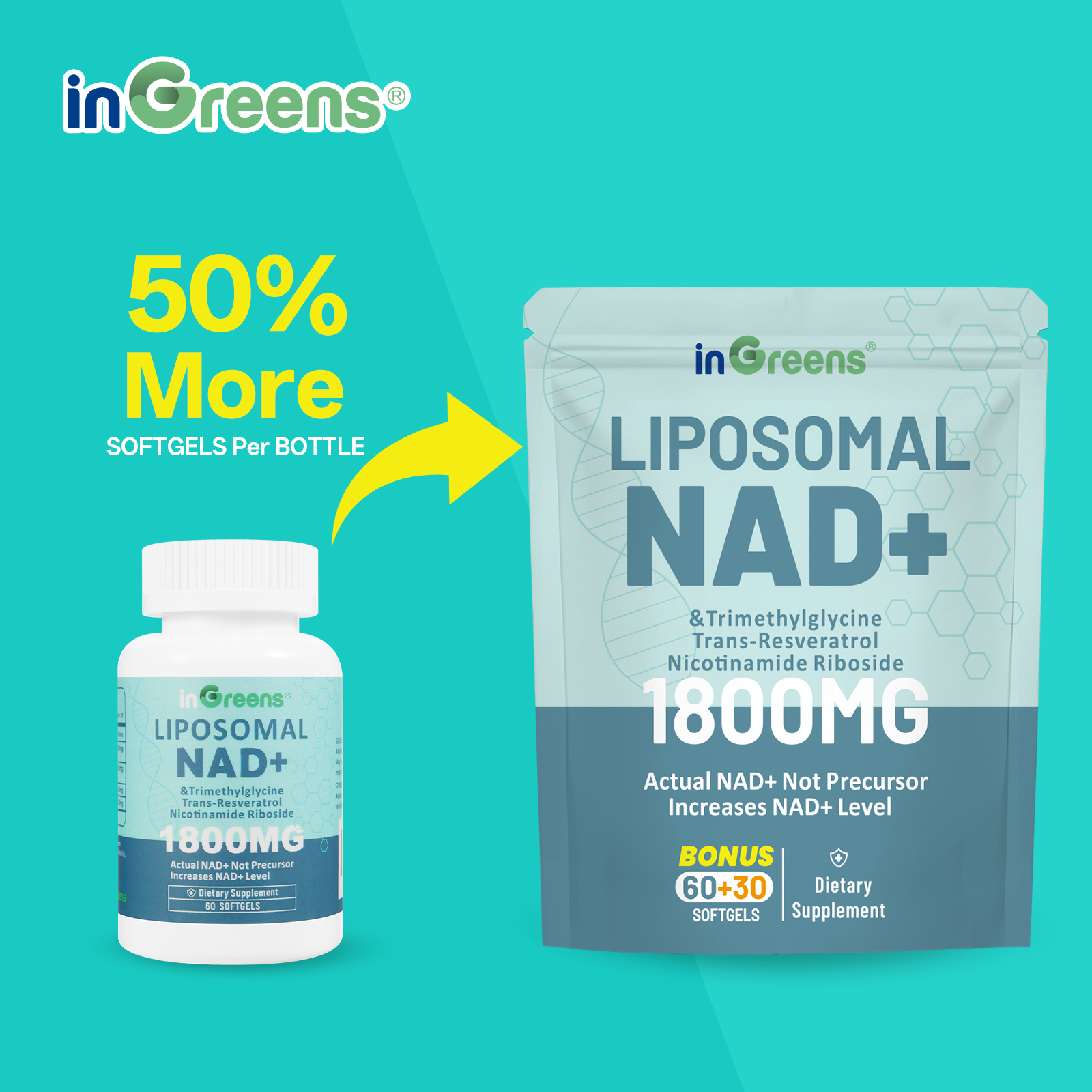 inGreens Liposomal NAD+ 1800mg | NR 200mg, Trans-Resveratrol 200mg & TMG 200mg | 90 Capsules Pouch (45-Day Supply) | Cellular Energy, DNA Repair & Anti-Aging