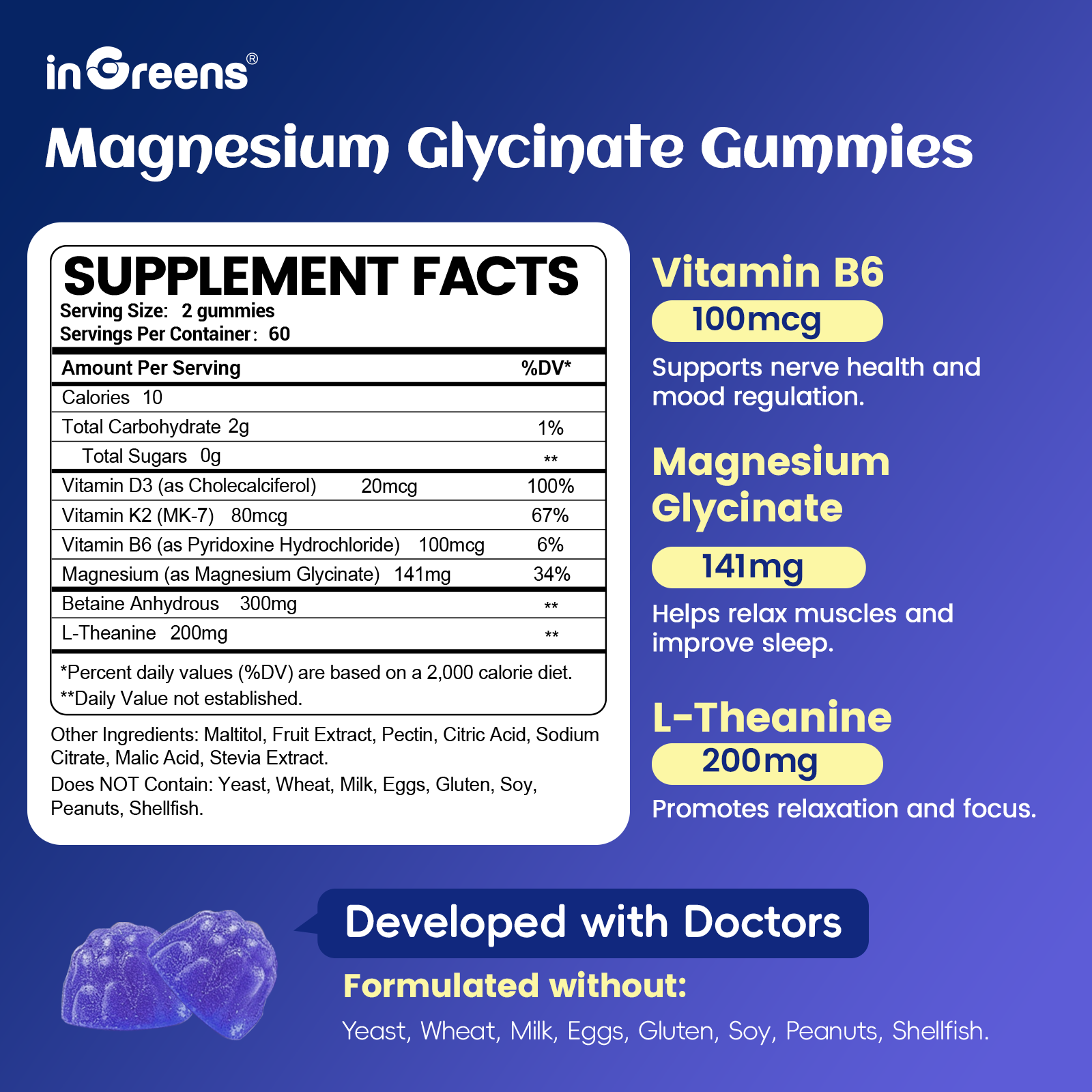 inGreens Magnesium Glycinate Gummies 6-in-1 | Magnesium 141mg, L-Theanine 200mg, B6, D3, K2 & Betaine | 120 Gummies (60 Servings) | Sleep, Stress Relief & Focus