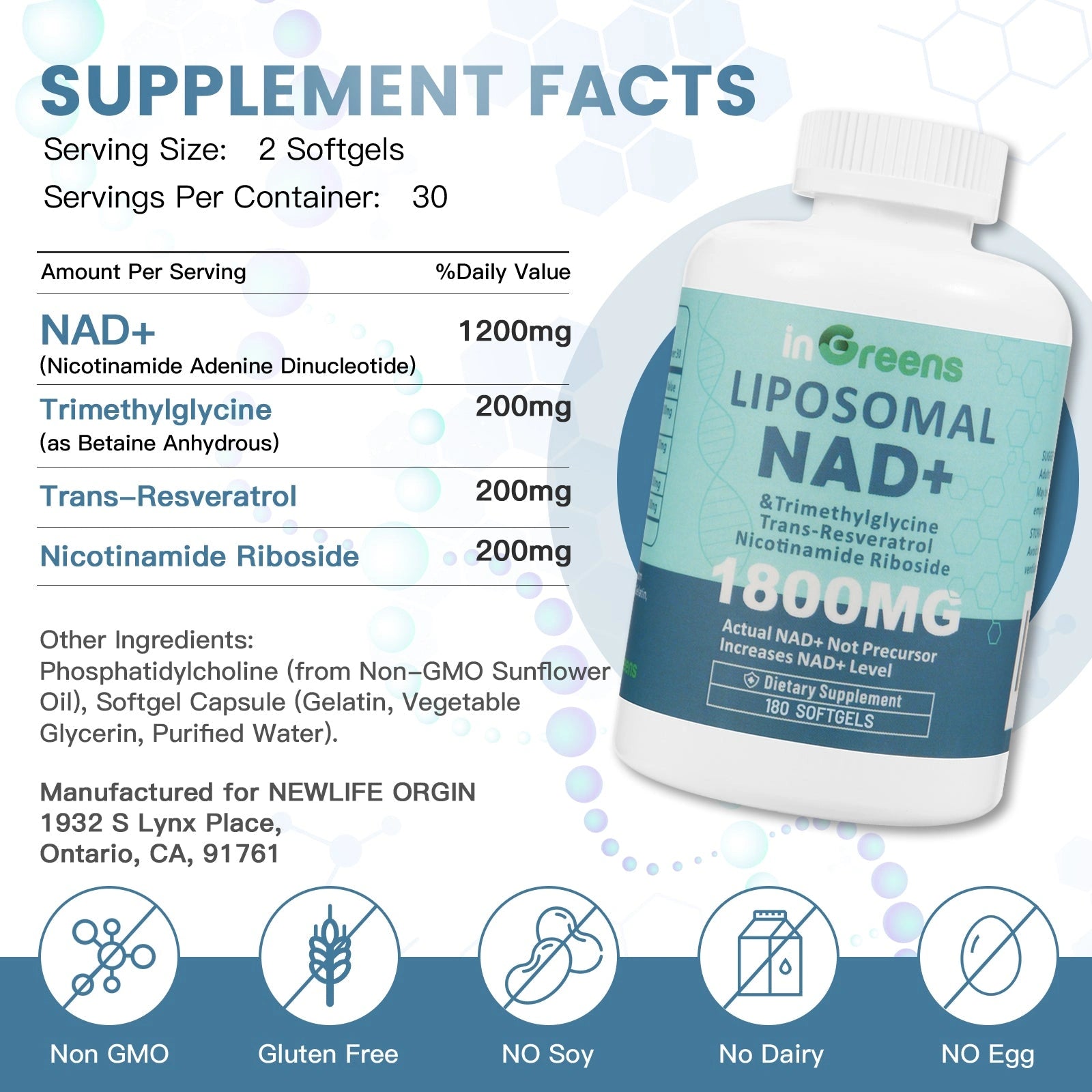 inGreens Liposomal NAD+ 1800mg – NR, Resveratrol & TMG, 180 Softgels
