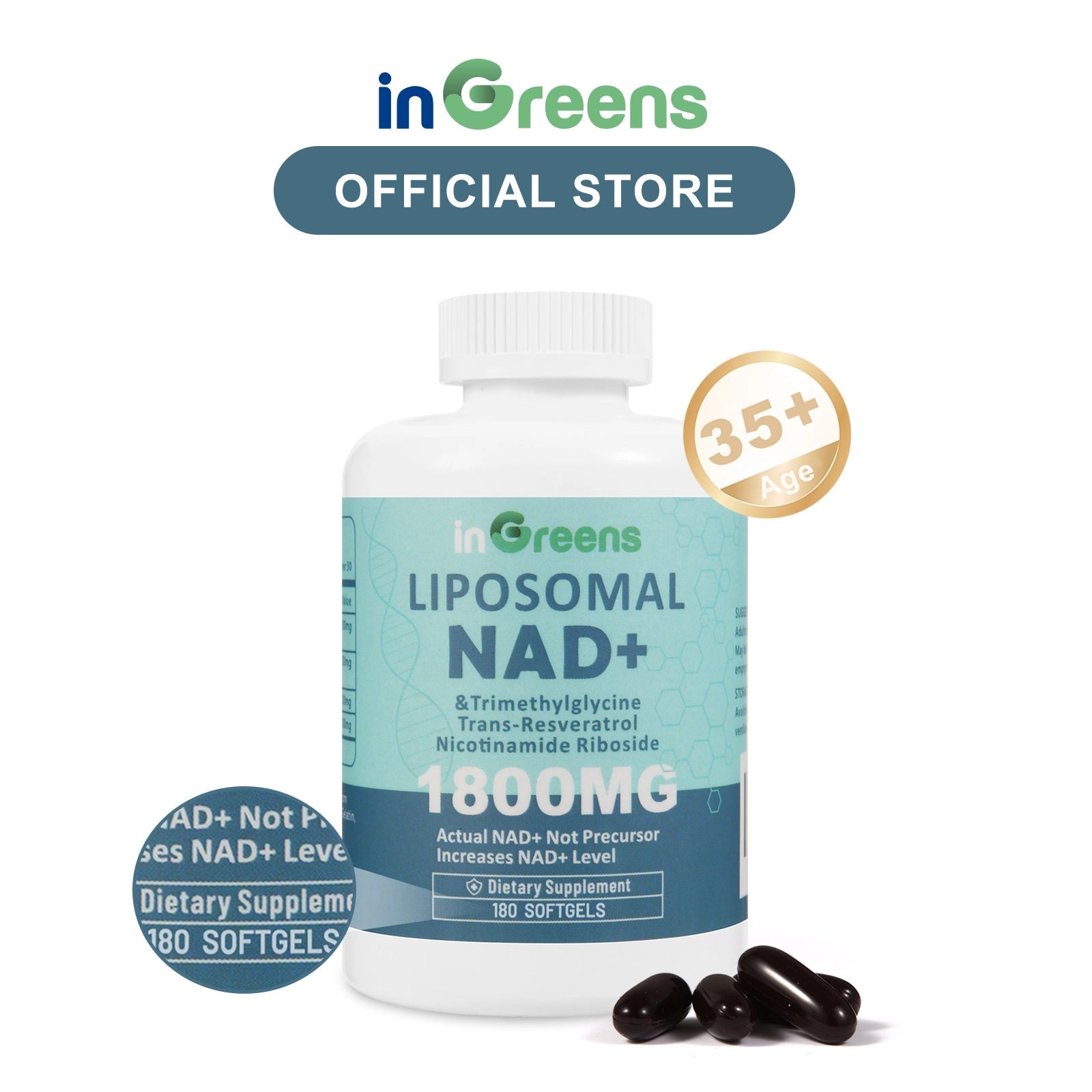 inGreens Liposomal NAD+ 1800mg – NR, Resveratrol & TMG, 180 Softgels