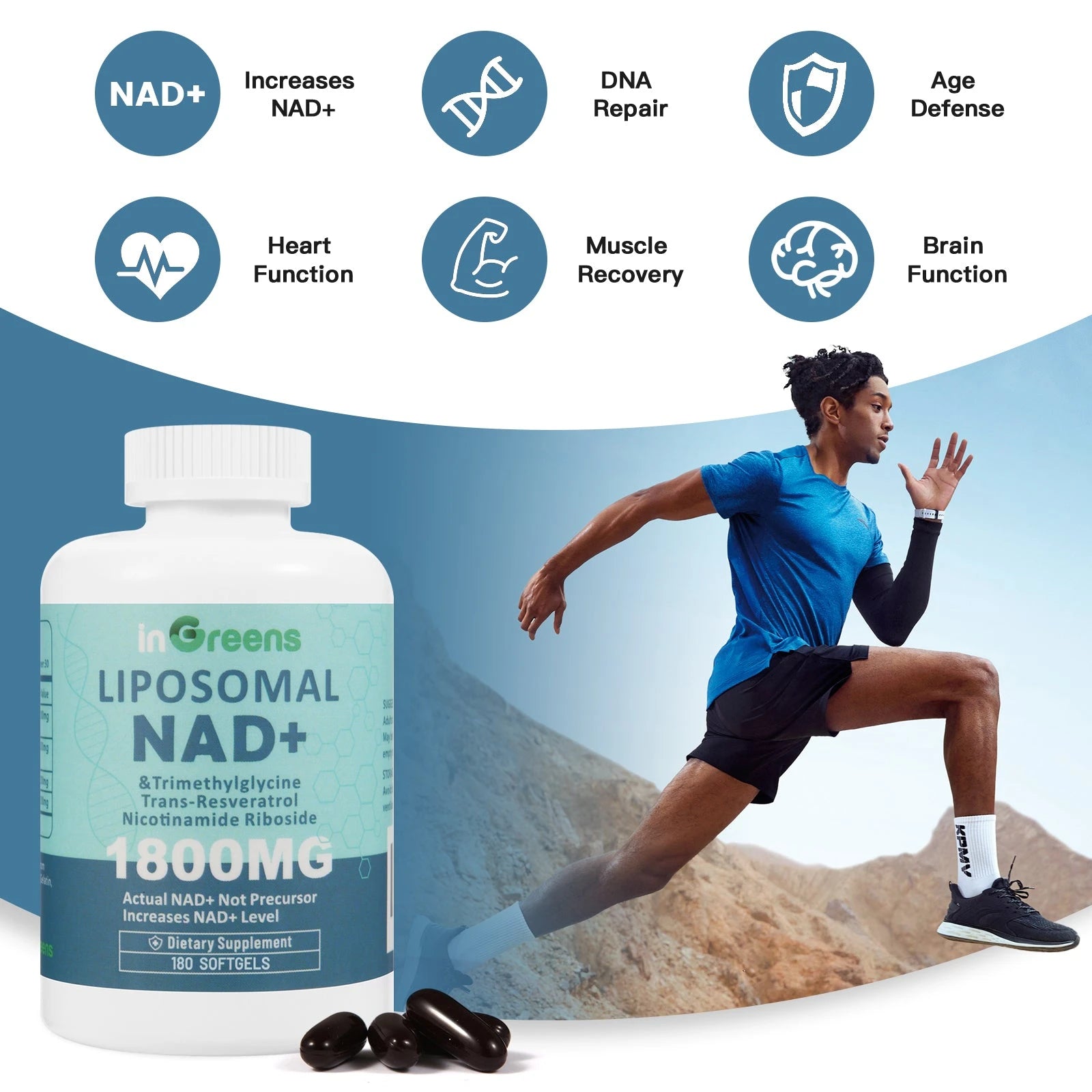 inGreens Liposomal NAD+ 1800mg – NR, Resveratrol & TMG, 180 Softgels