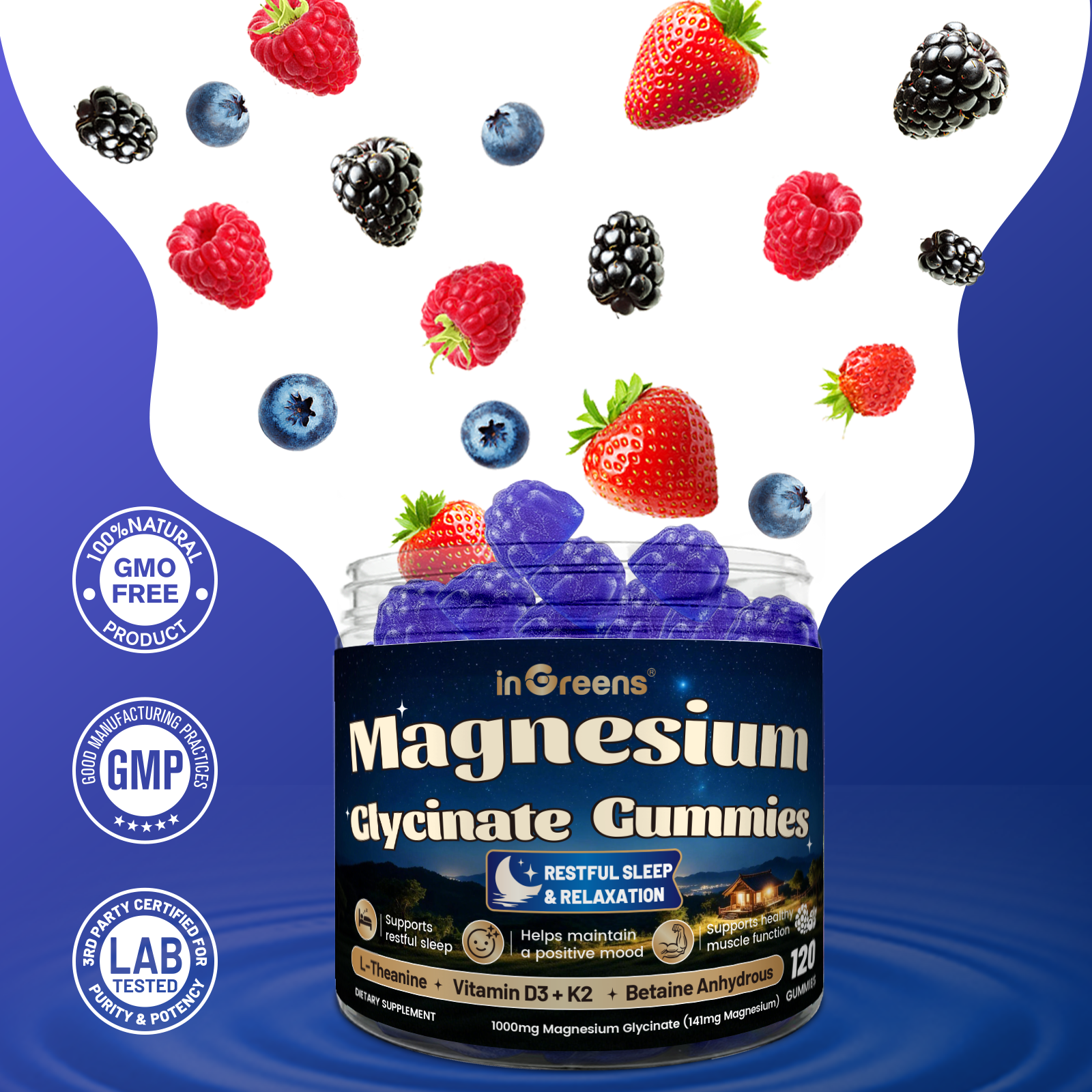 inGreens Magnesium Glycinate Gummies 6-in-1 | Magnesium 141mg, L-Theanine 200mg, B6, D3, K2 & Betaine | 120 Gummies (60 Servings) | Sleep, Stress Relief & Focus