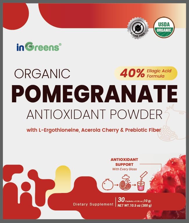inGreens Pomegranate Powder - Sugar Free Antioxidant Drink Mix | with 40% Ellagic Acid, L-Ergothioneine, Vitamin C & Prebiotic Fiber - 30 Stick Packs