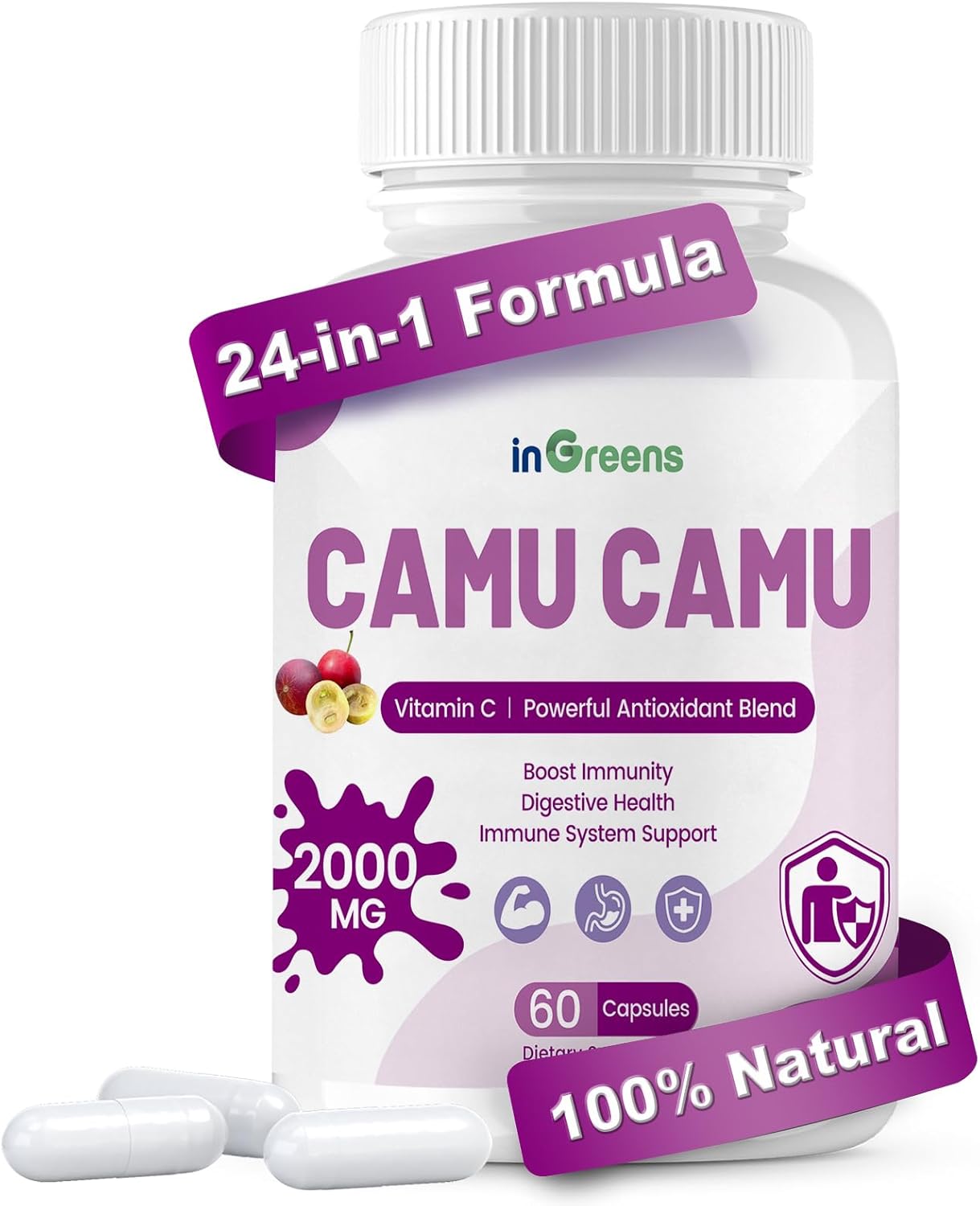 inGreens Camu Camu 2000mg Capsules – Natural Vitamin C & Antioxidant Support – Immune & Skin Health Formula – 60 Capsules