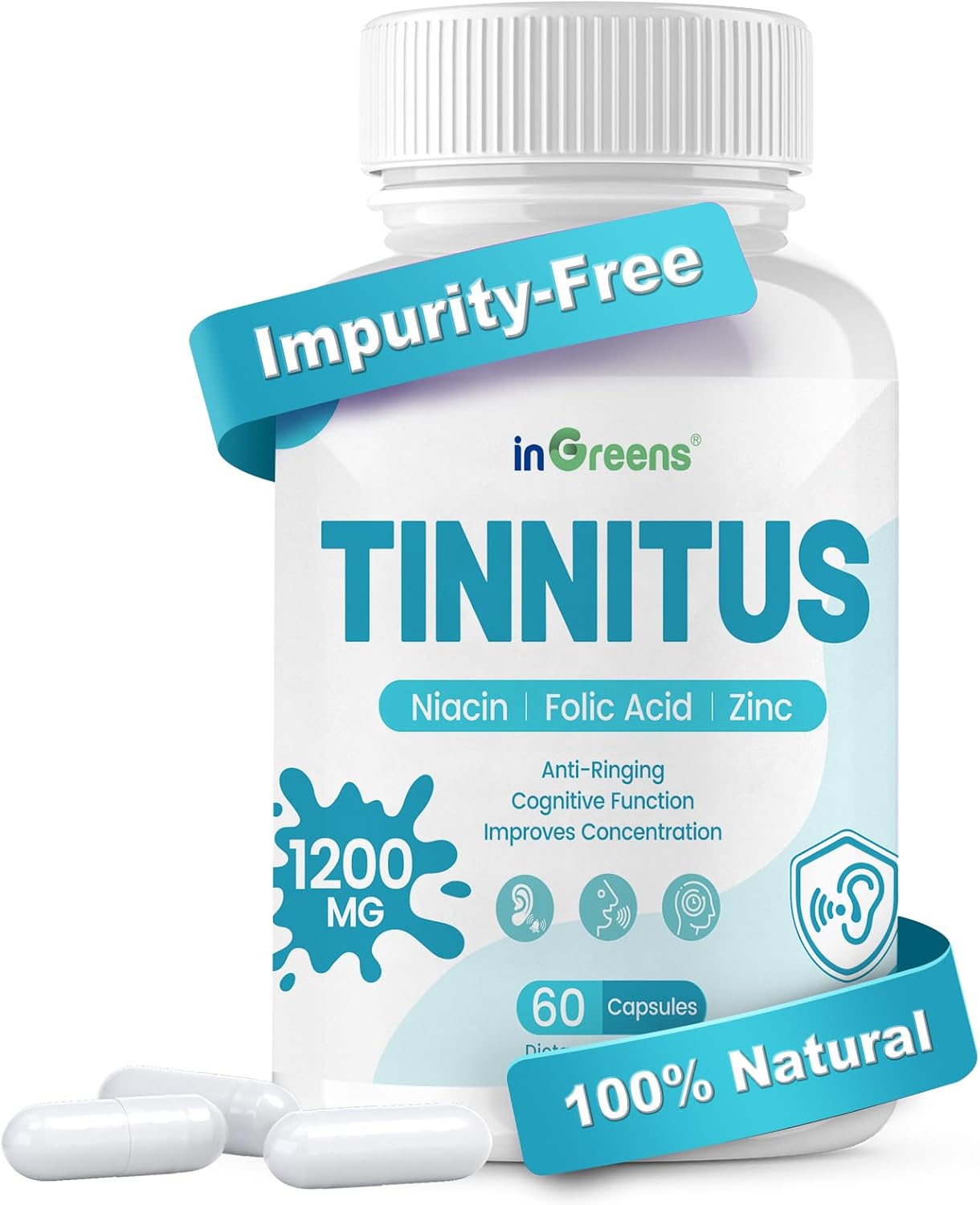 inGreens Tinnitus Relief Supplement - with Ginkgo Biloba & Herbal Blend | Supports Inner Ear Health & Reduces Ringing - 60 Capsules