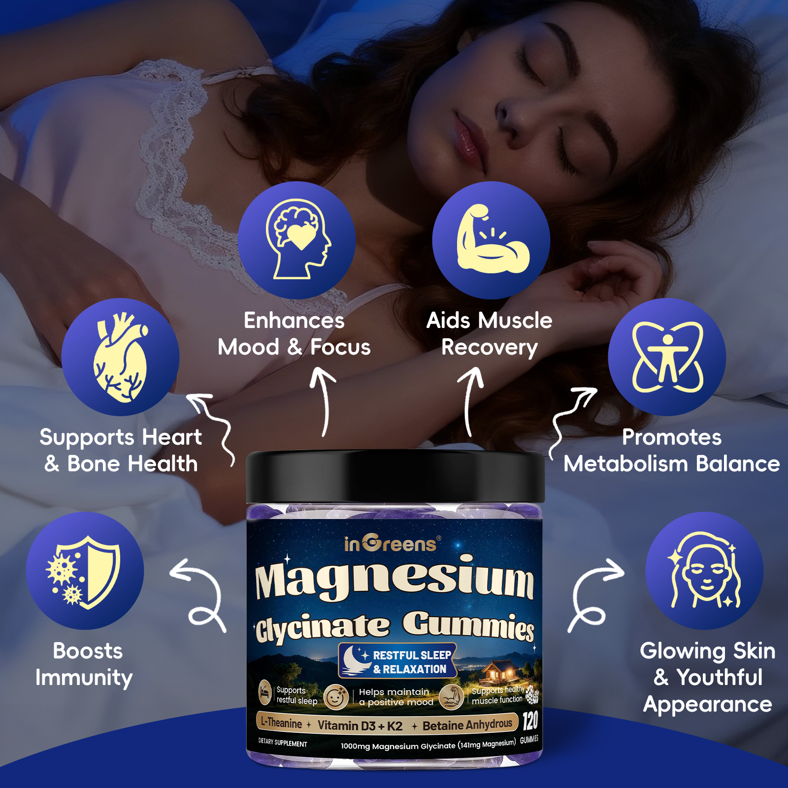 inGreens Magnesium Glycinate Gummies 6-in-1 | Magnesium 141mg, L-Theanine 200mg, B6, D3, K2 & Betaine | 120 Gummies (60 Servings) | Sleep, Stress Relief & Focus