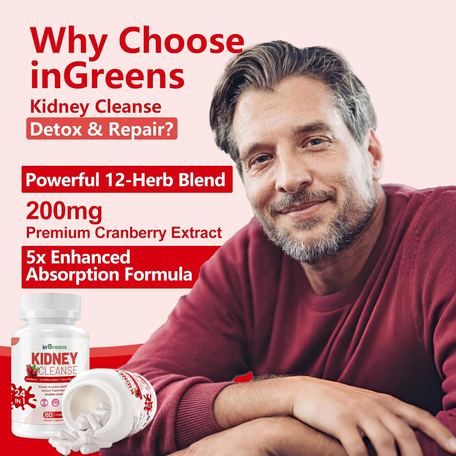 inGreens Kidney Support Complex – 24 Herbal Ingredients with Cranberry & Astragalus – Urinary & Kidney Health Support – 60 Capsules