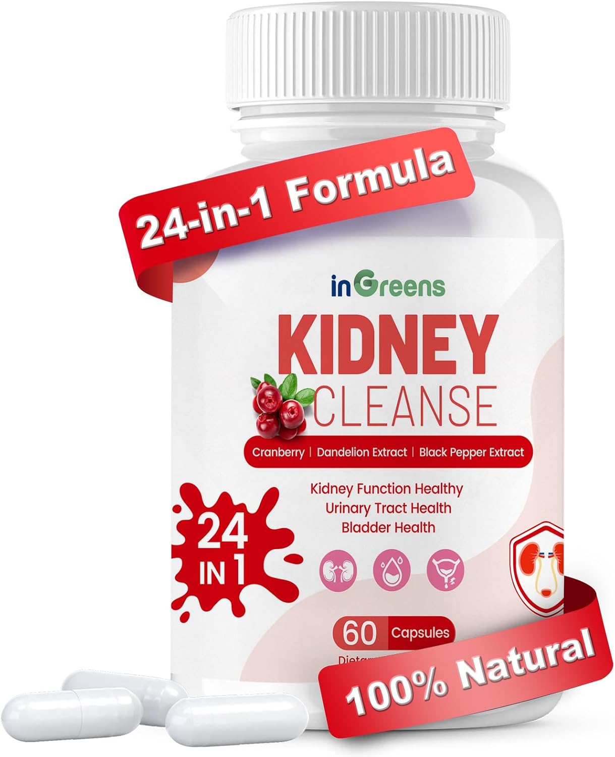 inGreens Kidney Support Complex – 24 Herbal Ingredients with Cranberry & Astragalus – Urinary & Kidney Health Support – 60 Capsules