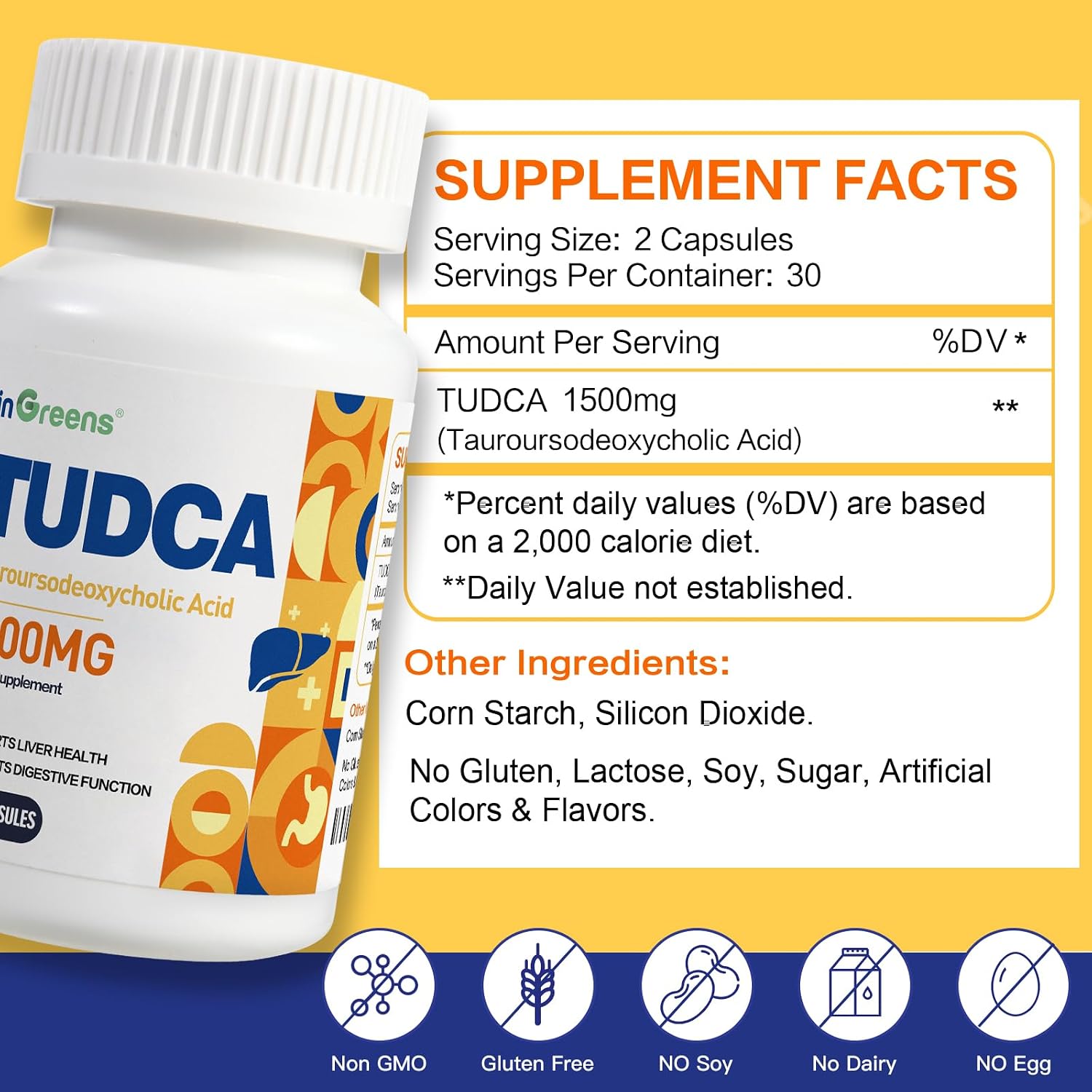 TUDCA 1500mg Bile Salts Supplement | Liver Detox & Digestive Support | Non-GMO | inGreens