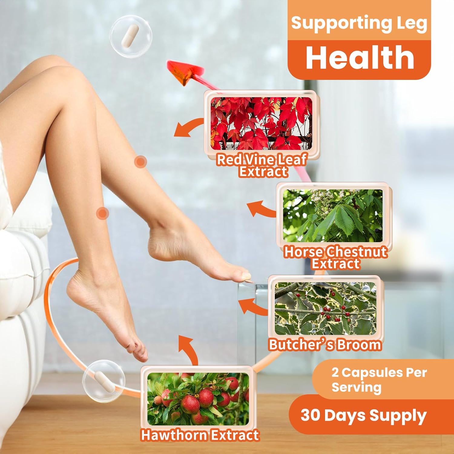 1630mg Red Vine Leaf Extract with Horse Chestnut, Butcher’s Broom, Hawthorn Supplement for Varicose Veins, Leg, Circulation, Heart, Skin, Support for Heart Health