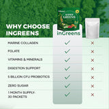 inGreens Super Greens Powder - Natural Flavor | with Collagen, Probiotics, Spirulina, Chlorella - 0 Sugar, 30 Packets
