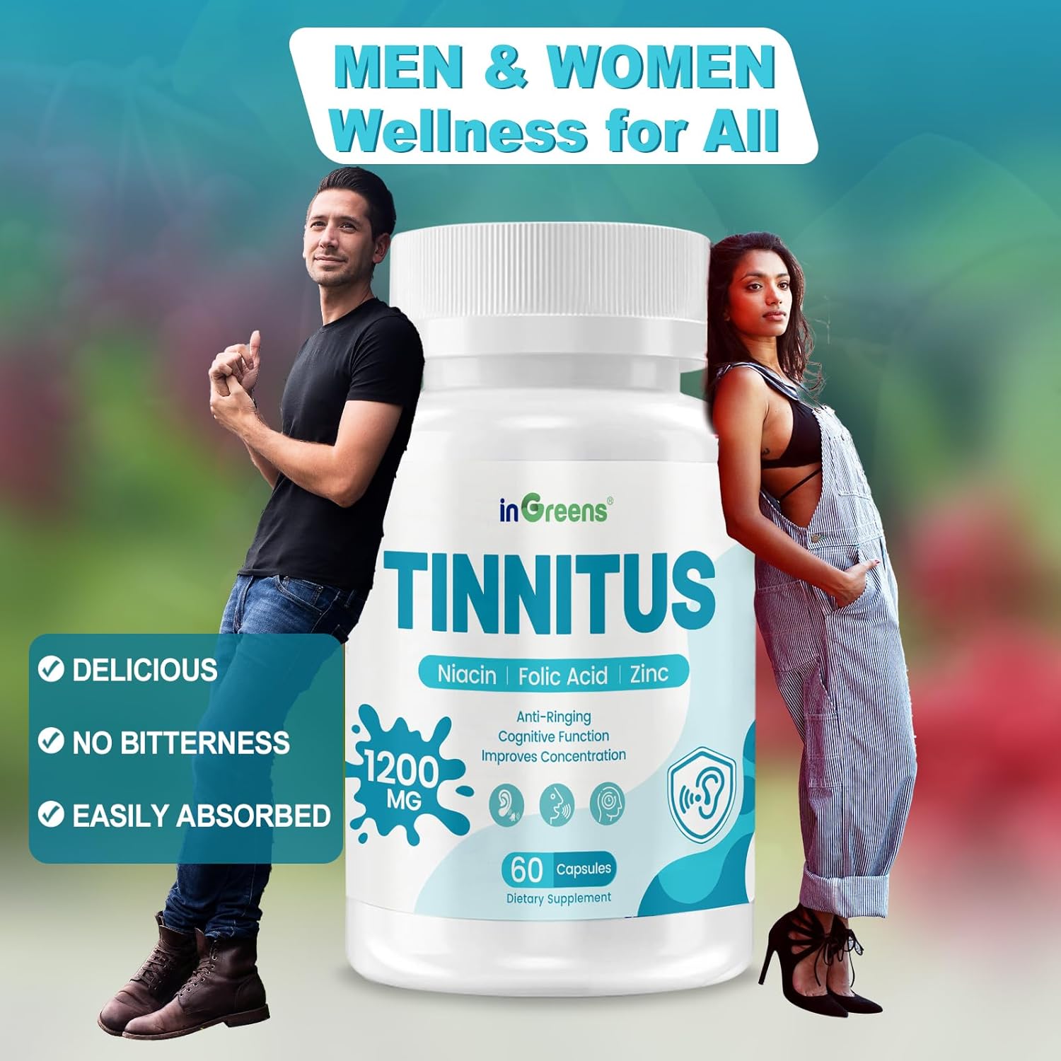inGreens Tinnitus Relief Supplement - with Ginkgo Biloba & Herbal Blend | Supports Inner Ear Health & Reduces Ringing - 60 Capsules