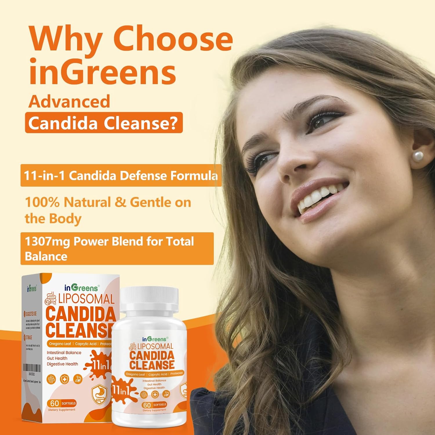inGreens 11-in-1 Candida Support Supplement - Natural Herbal Blend | with Oregano, Caprylic Acid & Probiotics - Intestinal Detox & Gut Health - 60 Softgels