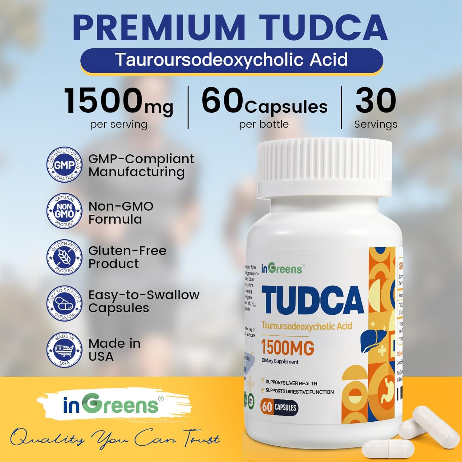 TUDCA 1500mg Bile Salts Supplement | Liver Detox & Digestive Support | Non-GMO | inGreens