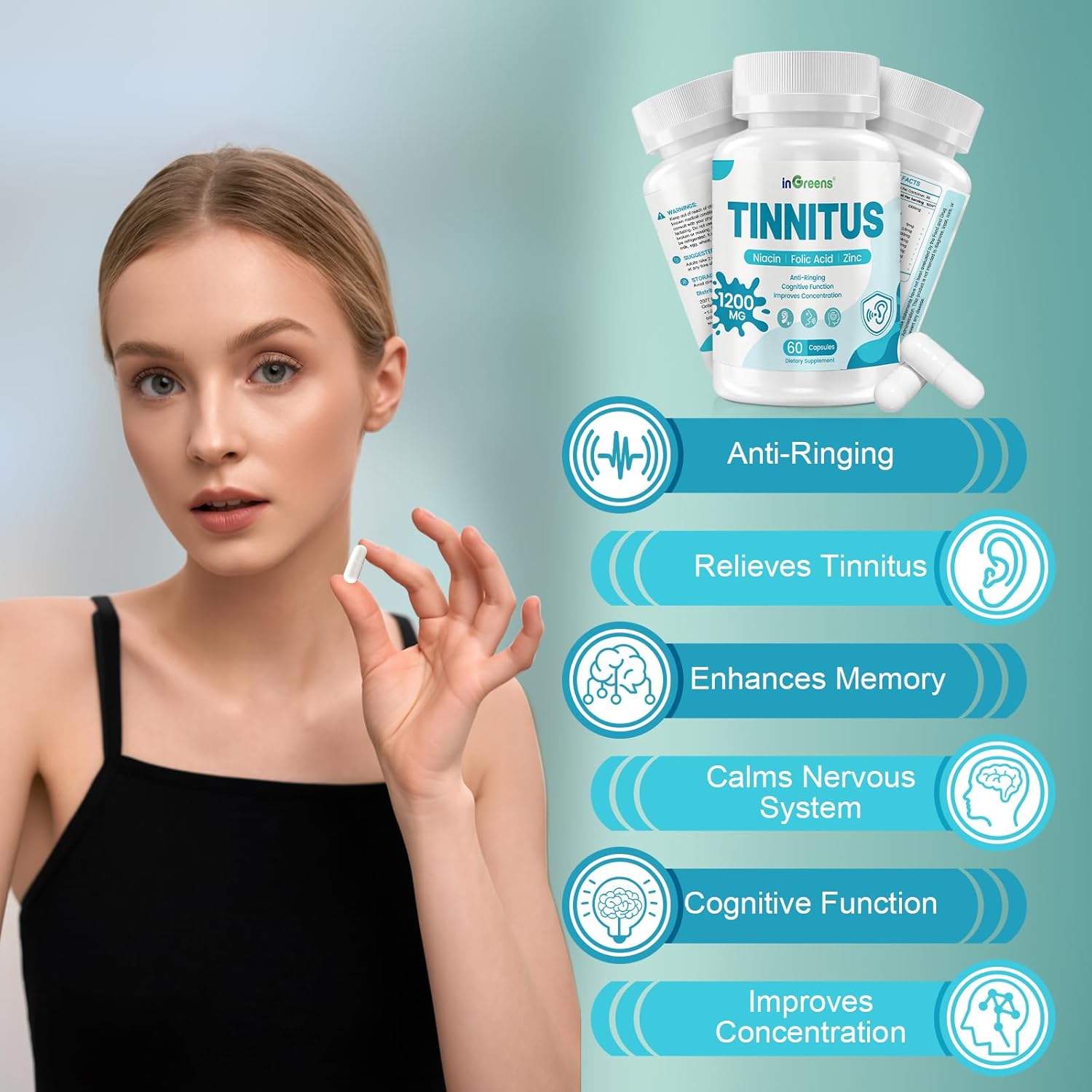 inGreens Tinnitus Relief Supplement - with Ginkgo Biloba & Herbal Blend | Supports Inner Ear Health & Reduces Ringing - 60 Capsules