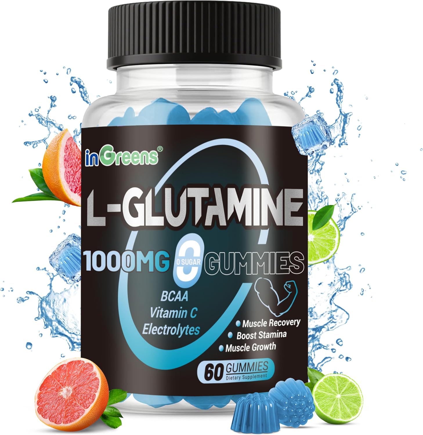 L-Glutamine Gummies 1000mg - with BCAA, Potassium, Magnesium & Vitamin C | Muscle Recovery & Endurance Support for Men & Women - Lime Grapefruit, 240 Count - by inGreens