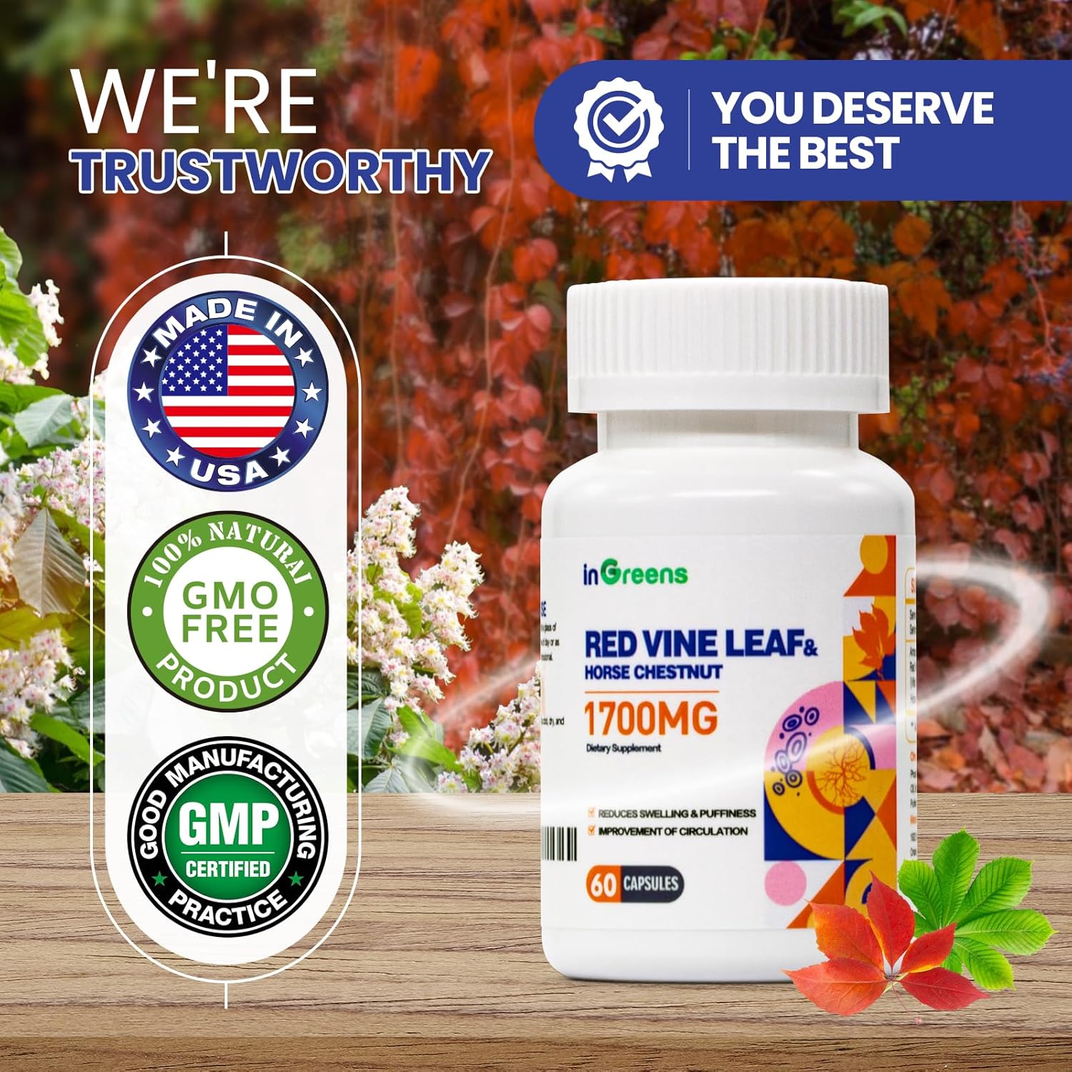 Red Vine Leaf Extract 1700mg & Horse Chestnut Extract Supplements, Supports Vein, Skin Health, Circulation for Legs