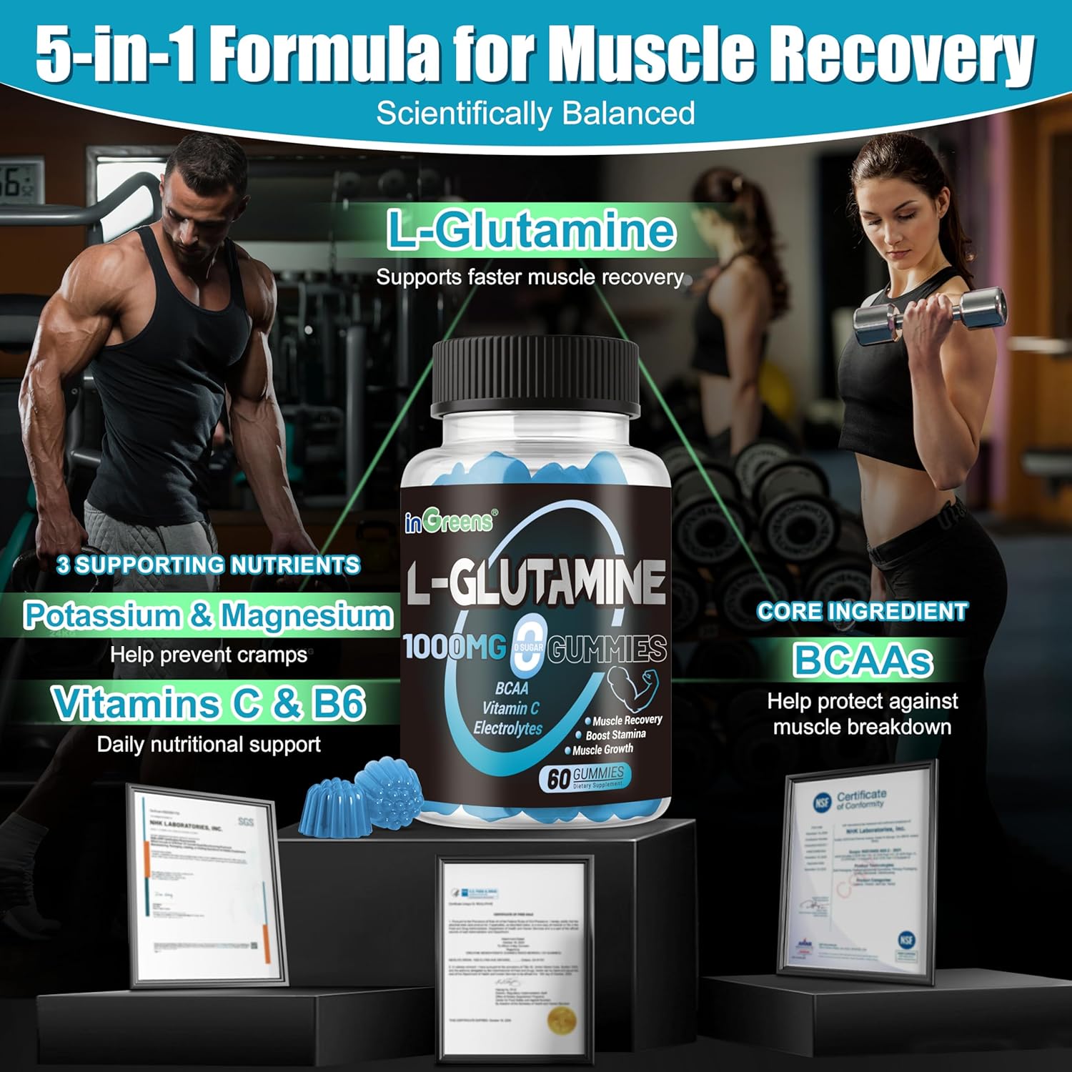 L-Glutamine Gummies 1000mg - with BCAA, Potassium, Magnesium & Vitamin C | Muscle Recovery & Endurance Support for Men & Women - Lime Grapefruit, 240 Count - by inGreens