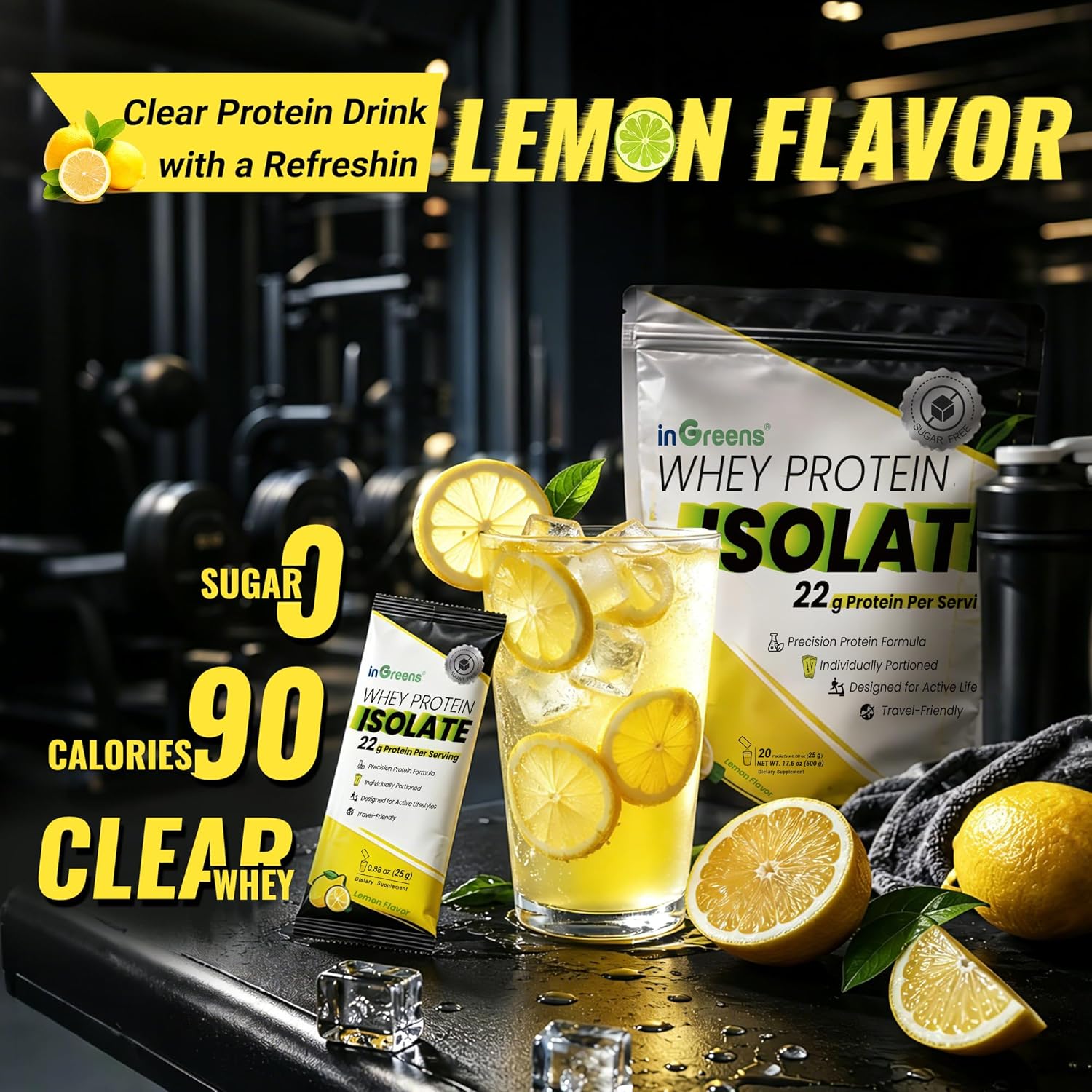 inGreens Clear Protein Isolate Powder - Lemon Flavor | 22g Protein, Sugar Free, 90 Calories - 20 Single Serve Packets