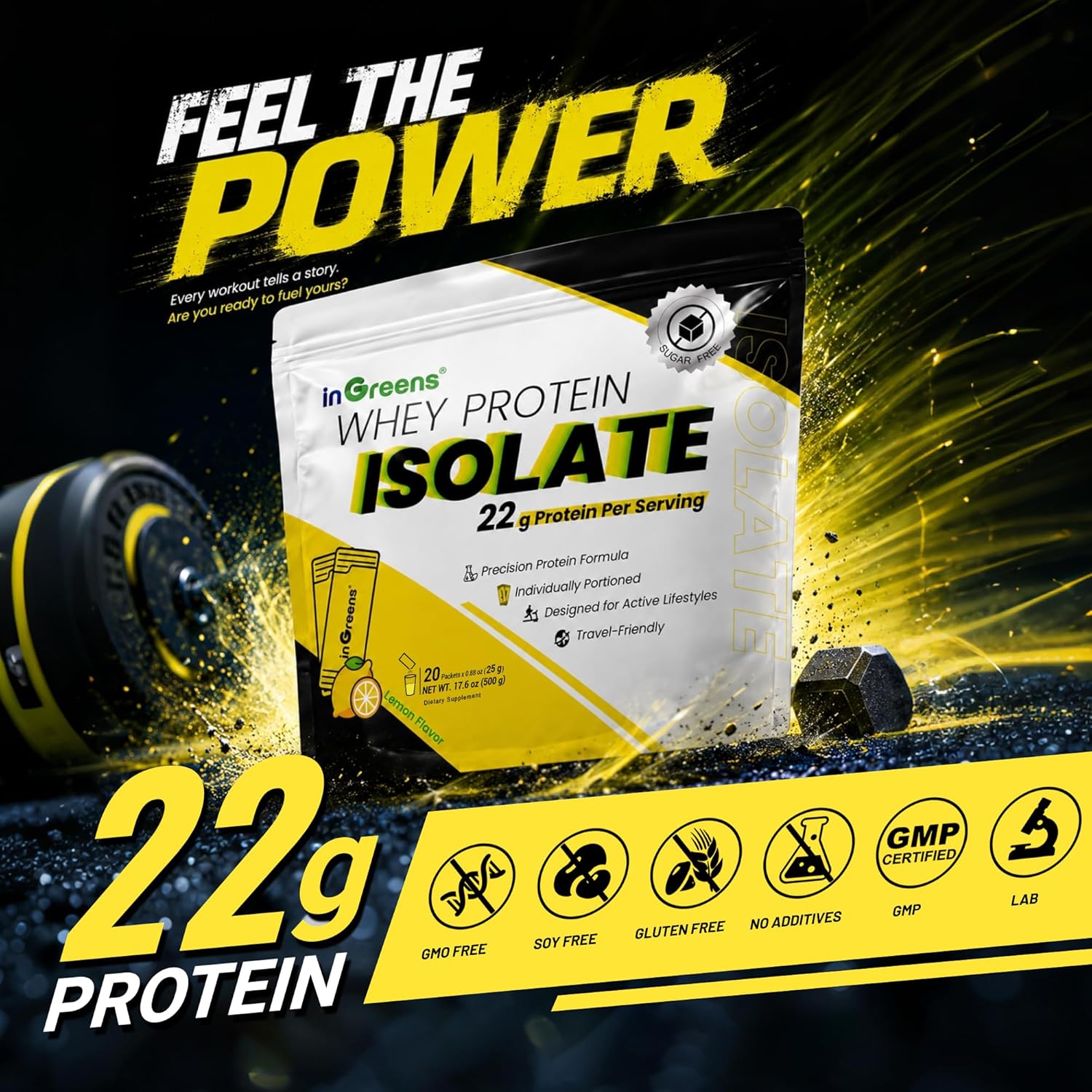 inGreens Clear Protein Isolate Powder - Lemon Flavor | 22g Protein, Sugar Free, 90 Calories - 20 Single Serve Packets