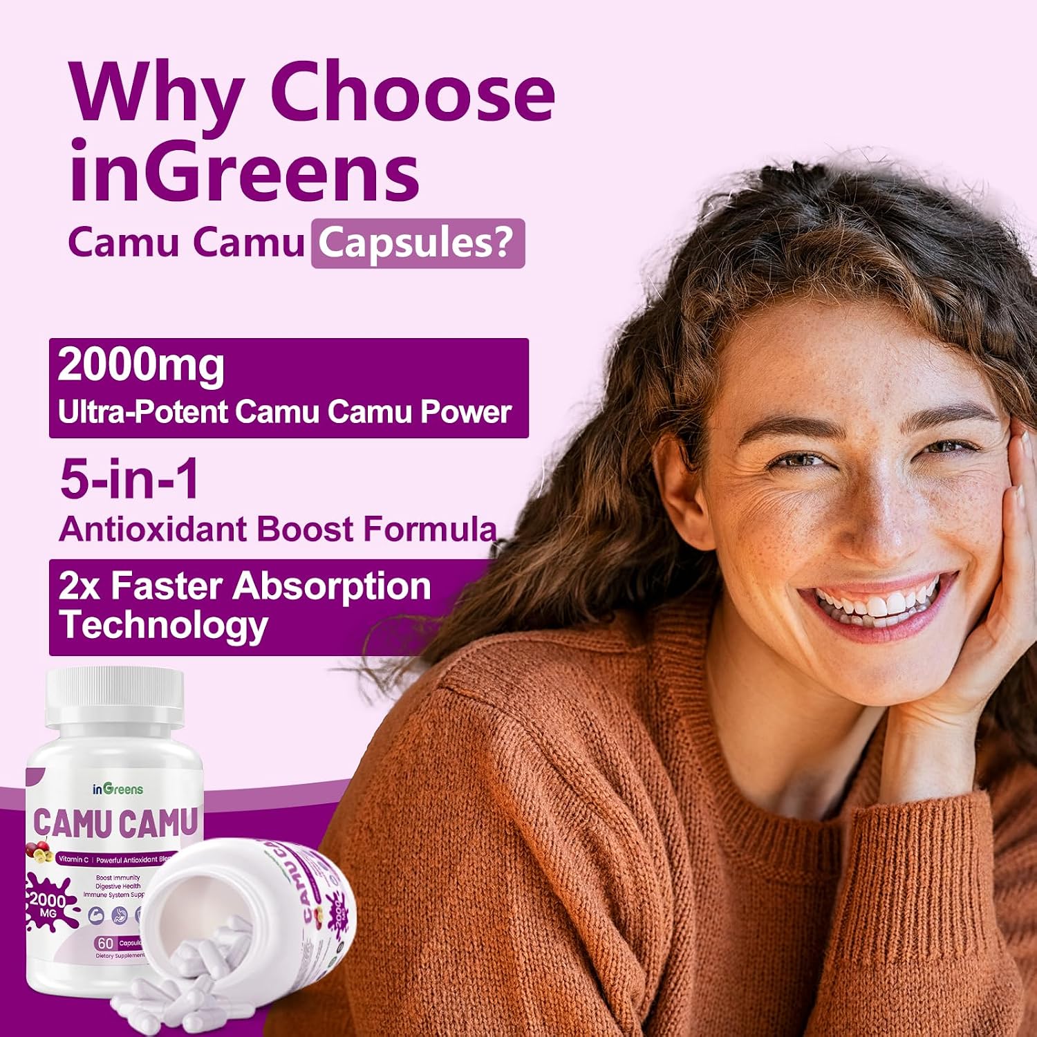 inGreens Camu Camu 2000mg Capsules – Natural Vitamin C & Antioxidant Support – Immune & Skin Health Formula – 60 Capsules