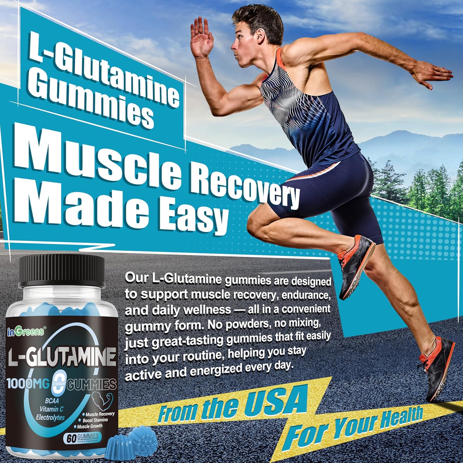 L-Glutamine Gummies 1000mg - with BCAA, Potassium, Magnesium & Vitamin C | Muscle Recovery & Endurance Support for Men & Women - Lime Grapefruit, 240 Count - by inGreens