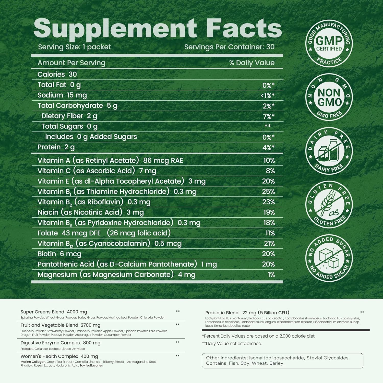 inGreens Super Greens Powder - Natural Flavor | with Collagen, Probiotics, Spirulina, Chlorella - 0 Sugar, 30 Packets