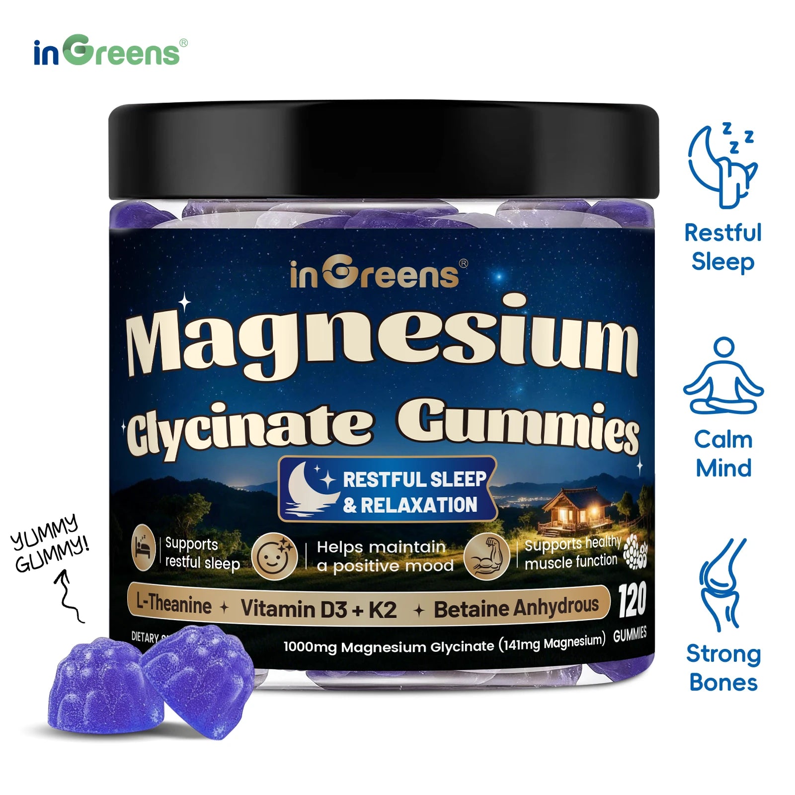 inGreens Magnesium Glycinate Gummies – 141mg, Berry, 120 Count