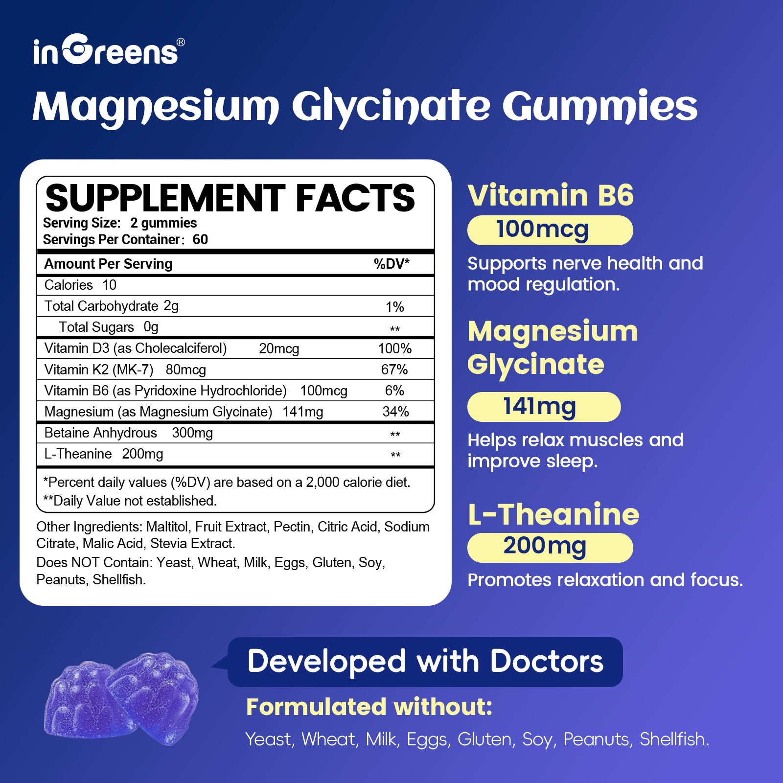 inGreens Magnesium Glycinate Gummies – 141mg, Berry, 120 Count