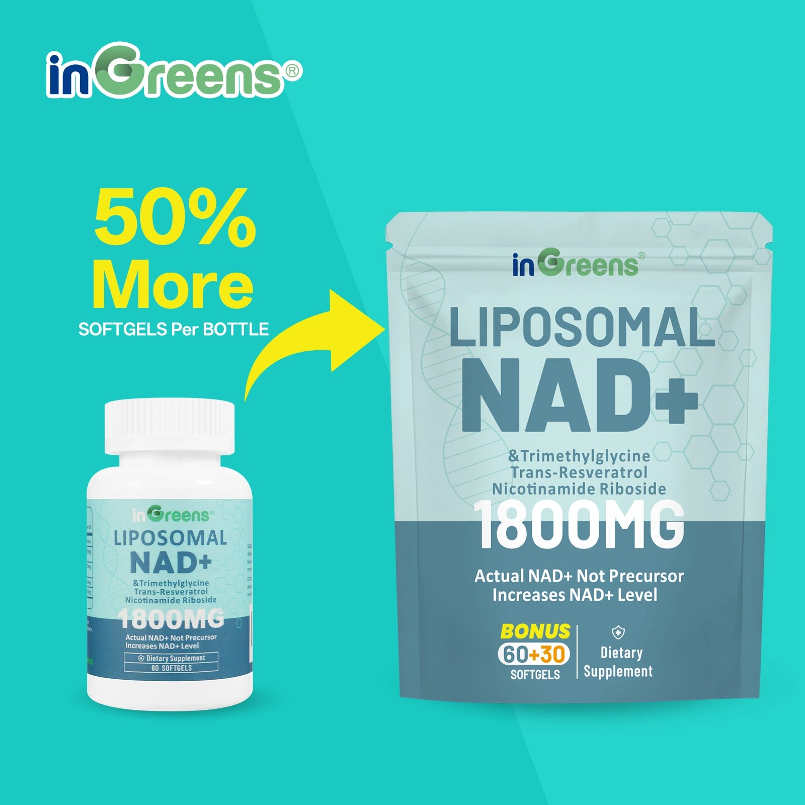 inGreens Liposomal NAD+ 1800mg – NR, Resveratrol & TMG, 90 Capsules