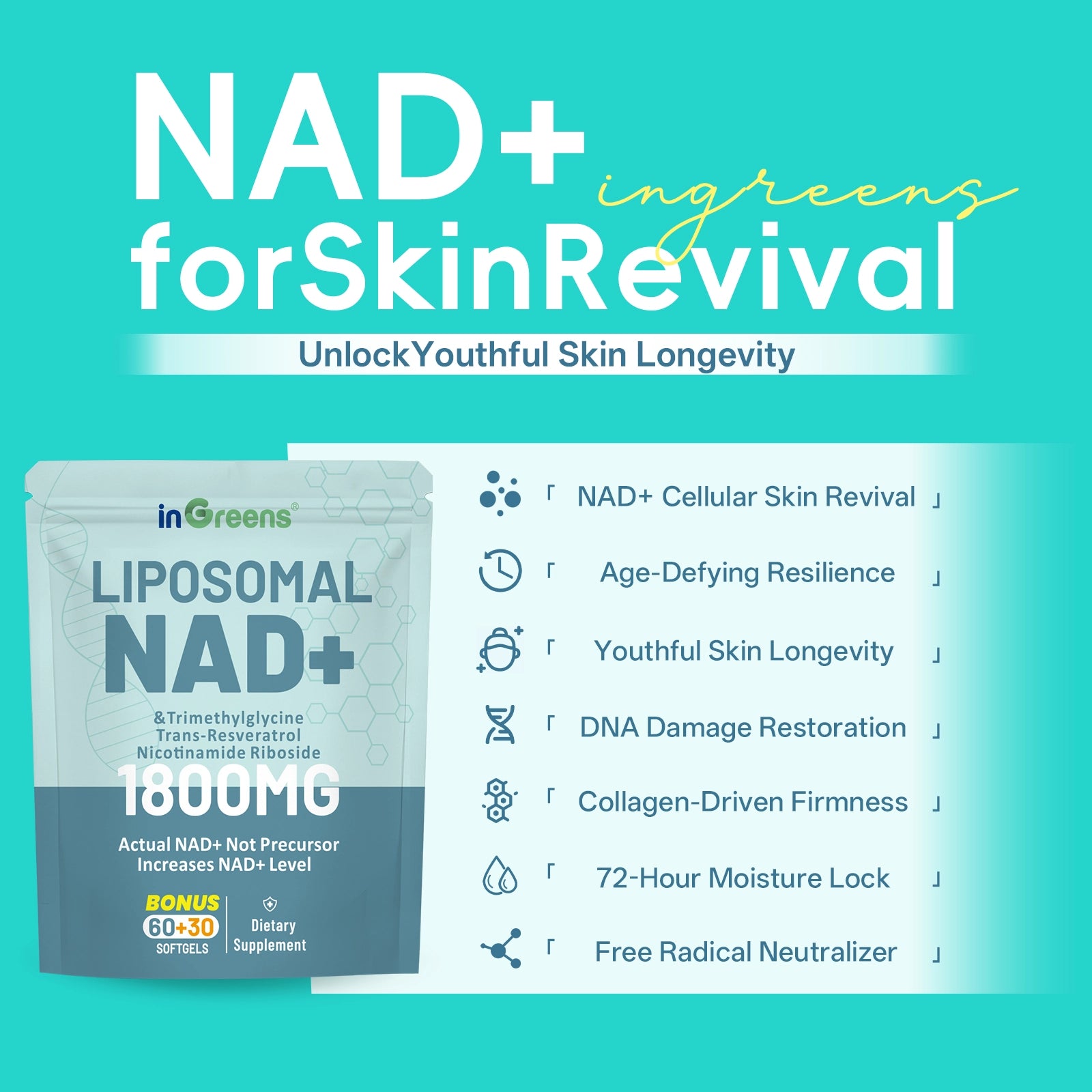 inGreens Liposomal NAD+ 1800mg – NR, Resveratrol & TMG, 90 Capsules