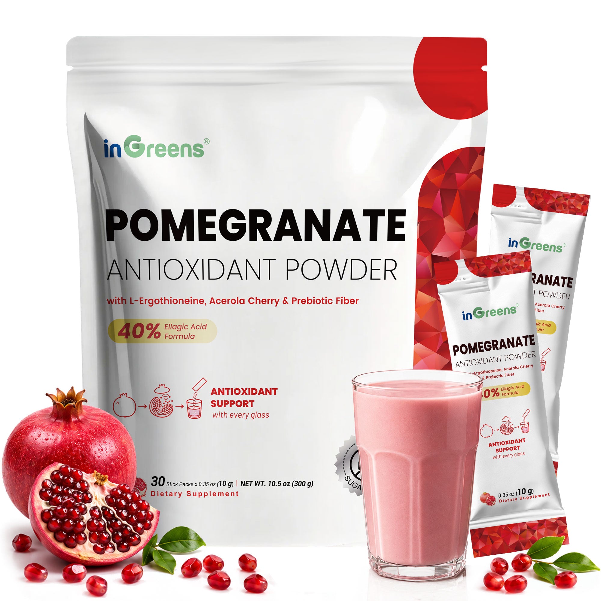 inGreens Pomegranate Powder - Sugar Free Antioxidant Drink Mix | with 40% Ellagic Acid, L-Ergothioneine, Vitamin C & Prebiotic Fiber - 30 Stick Packs
