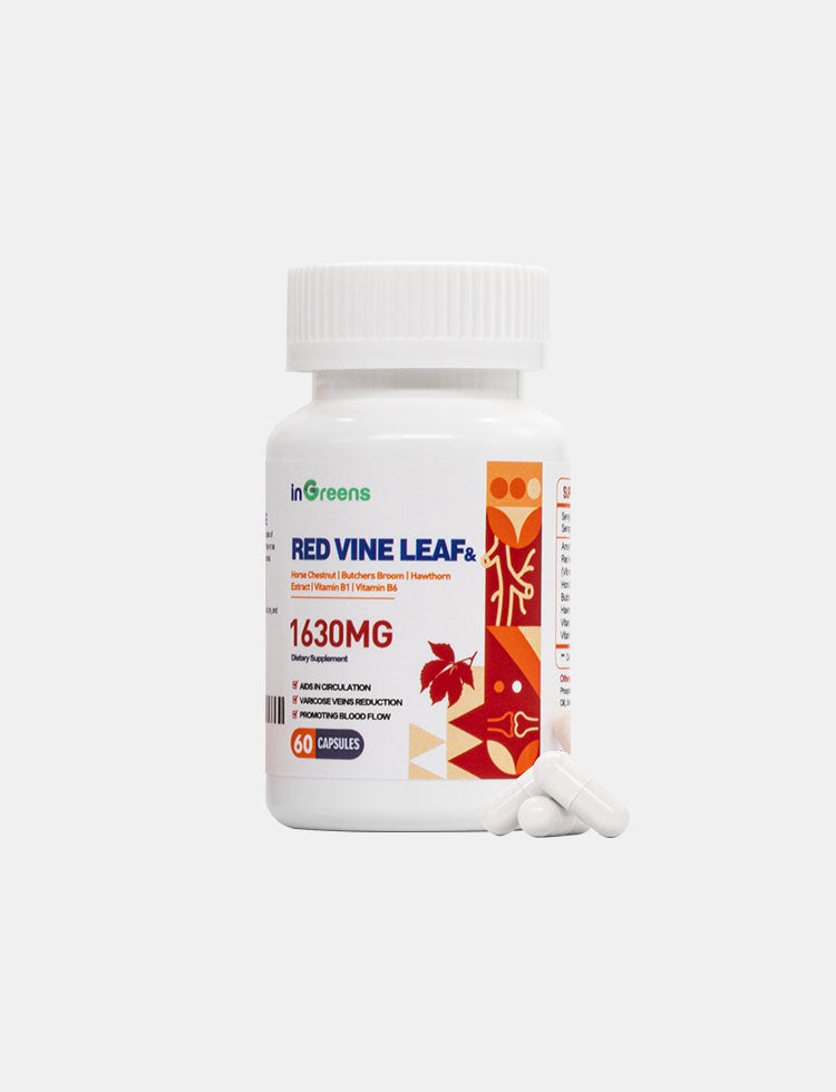 inGreens Red Vine Leaf 1630mg 4-in-1 | Horse Chestnut, Butcher's Broom & Hawthorn | Vascular Wellness & Circulation Support