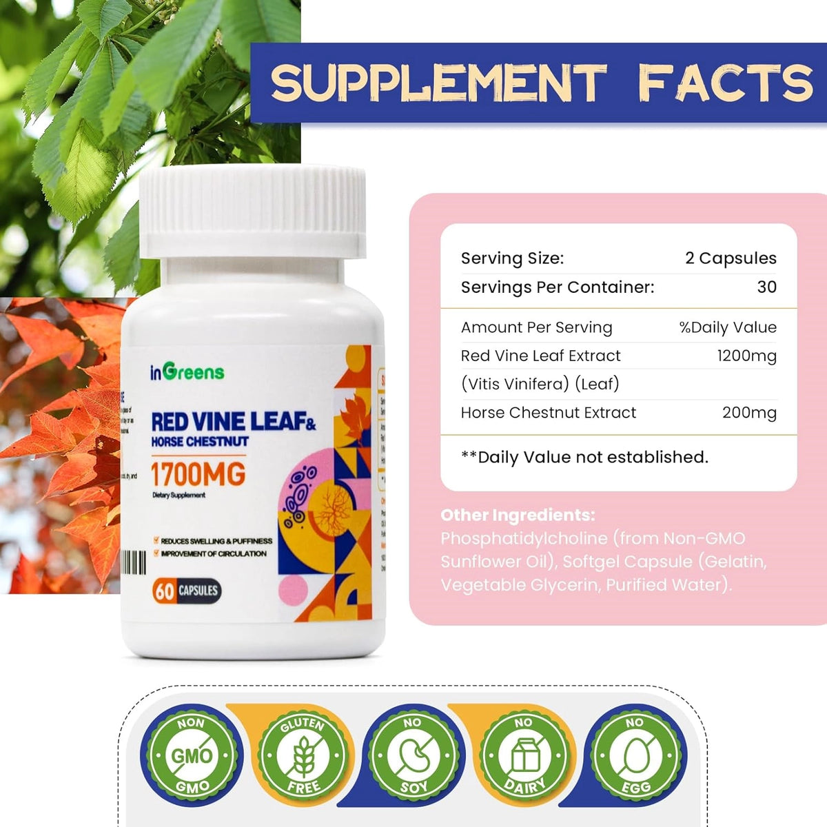 inGreens Red Vine Leaf Extract 1700mg – Horse Chestnut, Vascular Wellness