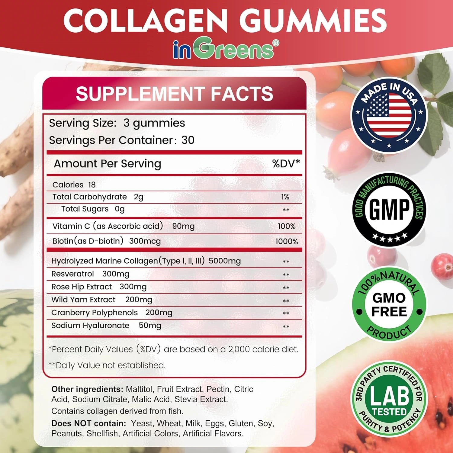 inGreens Marine Collagen Gummies 5000mg – Biotin, Vitamin C & Hyaluronic Acid