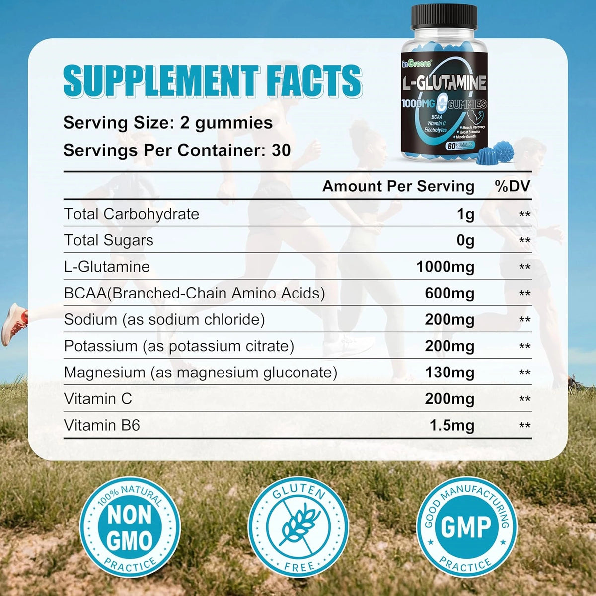 inGreens L-Glutamine Gummies – 1000mg, Lime Grapefruit, 240 Count