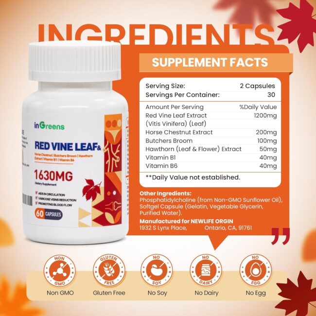 Red Vine Leaf Extract 1630mg & Horse Chestnut Extract Supplements - Image 3